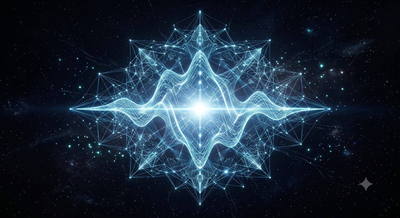 A bright waveform and web of connected points form a symmetrical structure against a dark star field.