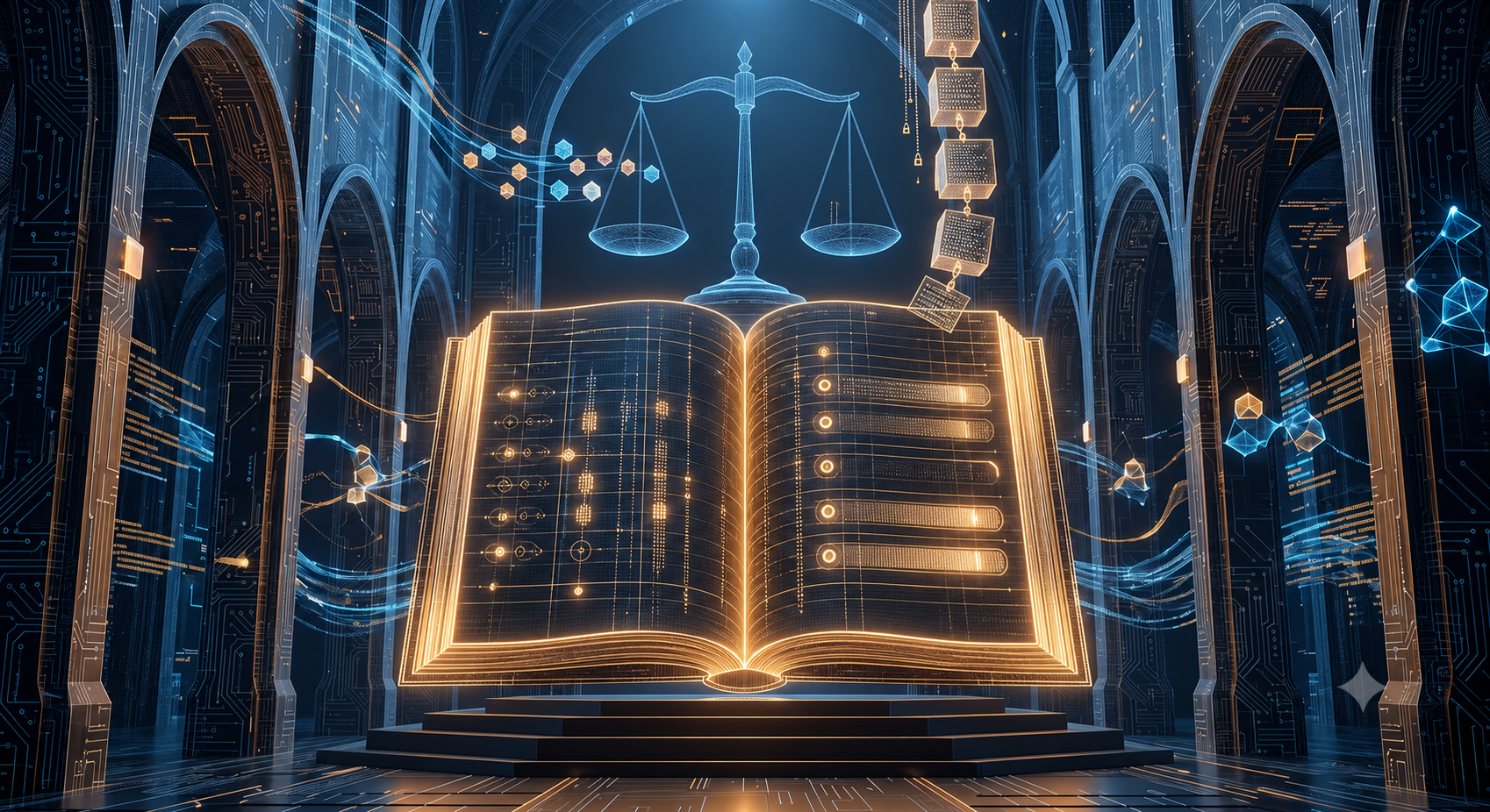 A glowing open ledger filled with abstract geometric records beneath balanced scales and a chain of linked receipt blocks.