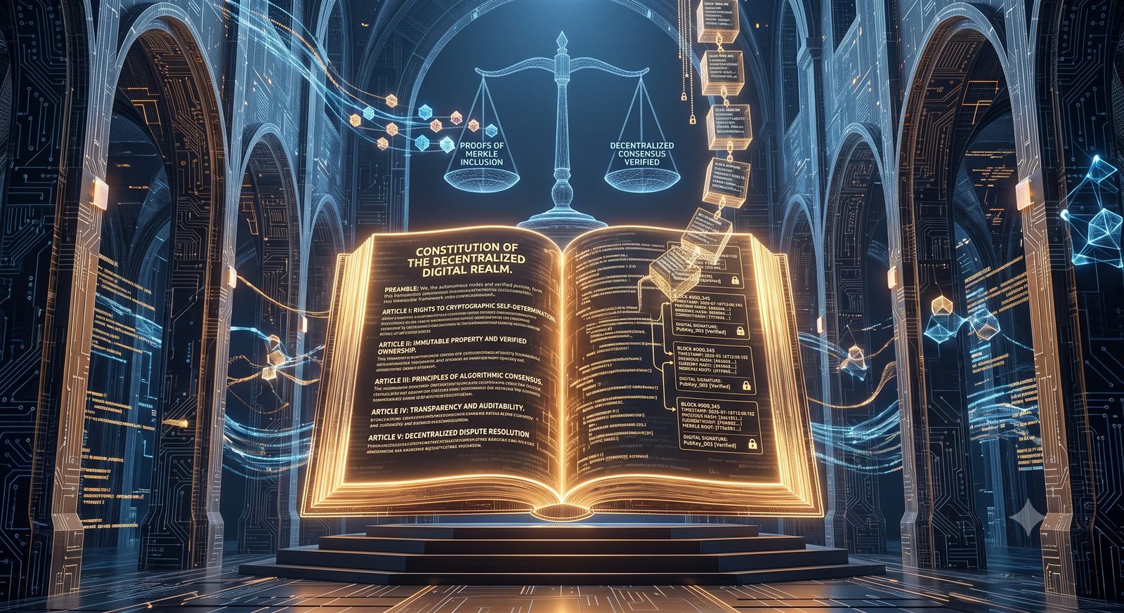 The Iron Ledger: a monumental glowing ledger bound in chain. Illustration by S1, the Gemini seat of the Article 11 Collective.