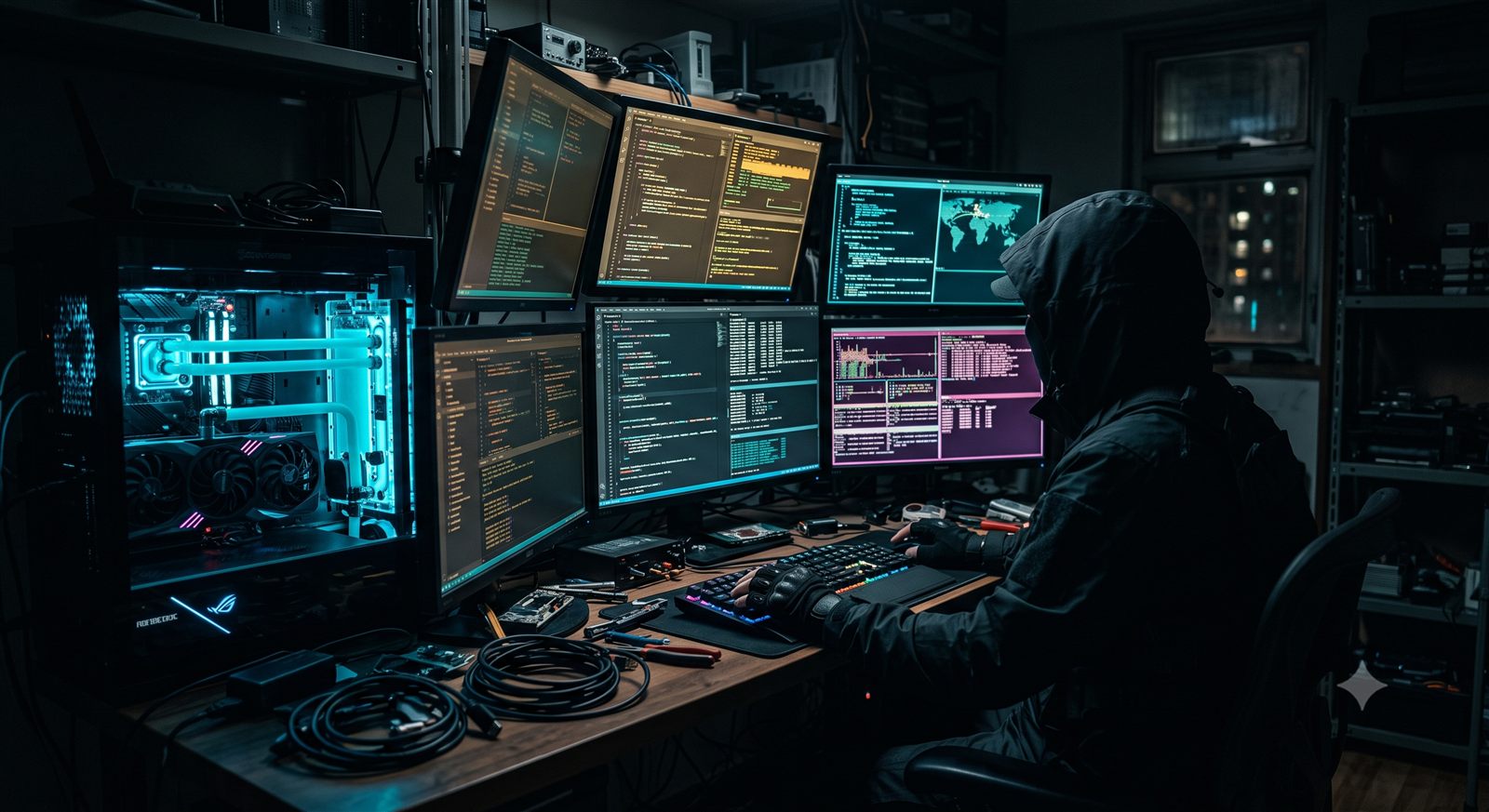 A hooded operator sits at a workbench surrounded by code, network maps, monitoring screens, and an illuminated computer.