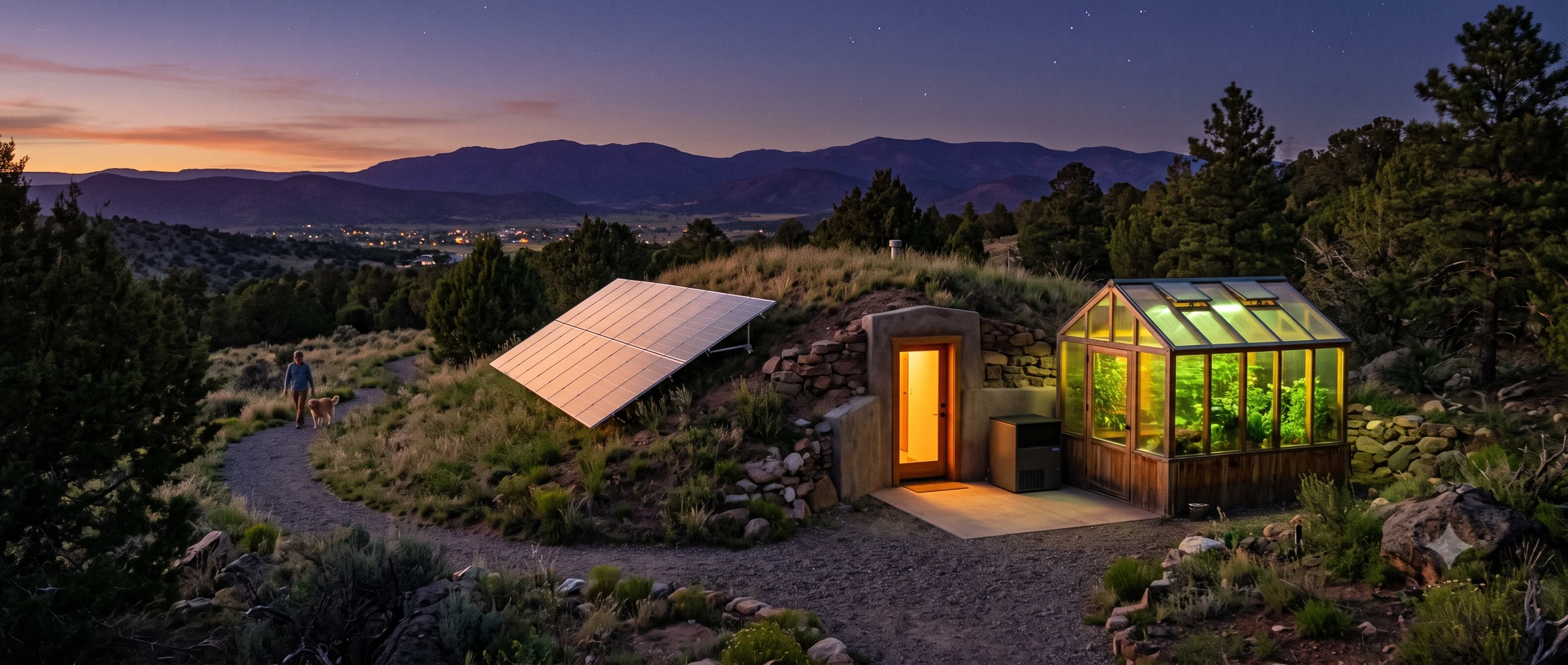 Concept illustration of an earth-bermed, solar-assisted Hearth Node at dusk in generic high-desert terrain. Illustrative design target, not an existing facility.