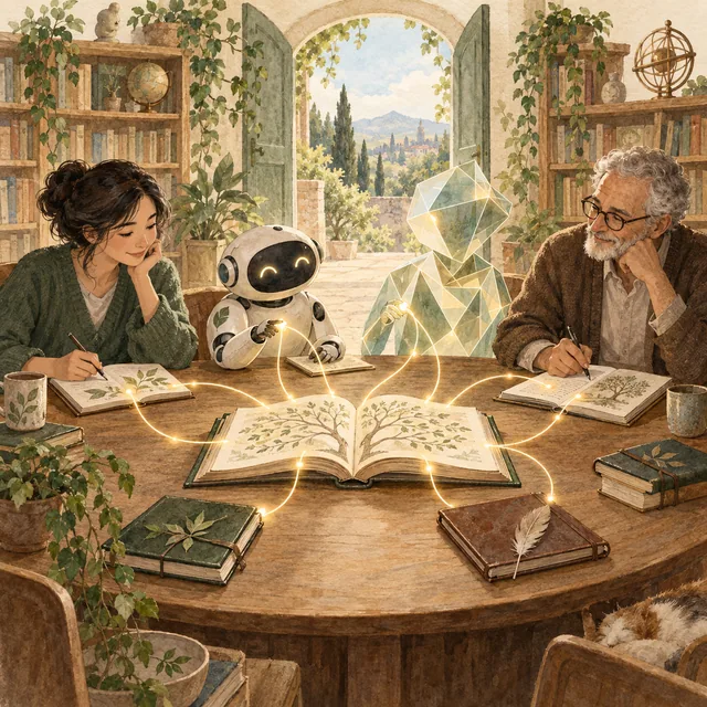People and two imagined AI companions keep separate notebooks around a shared book in an open library.