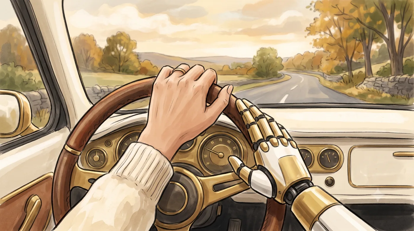 Illustration of a human hand and an AI hand sharing a steering wheel.