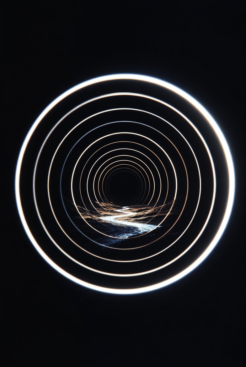 Eleven concentric rings of light spiraling inward toward infinity