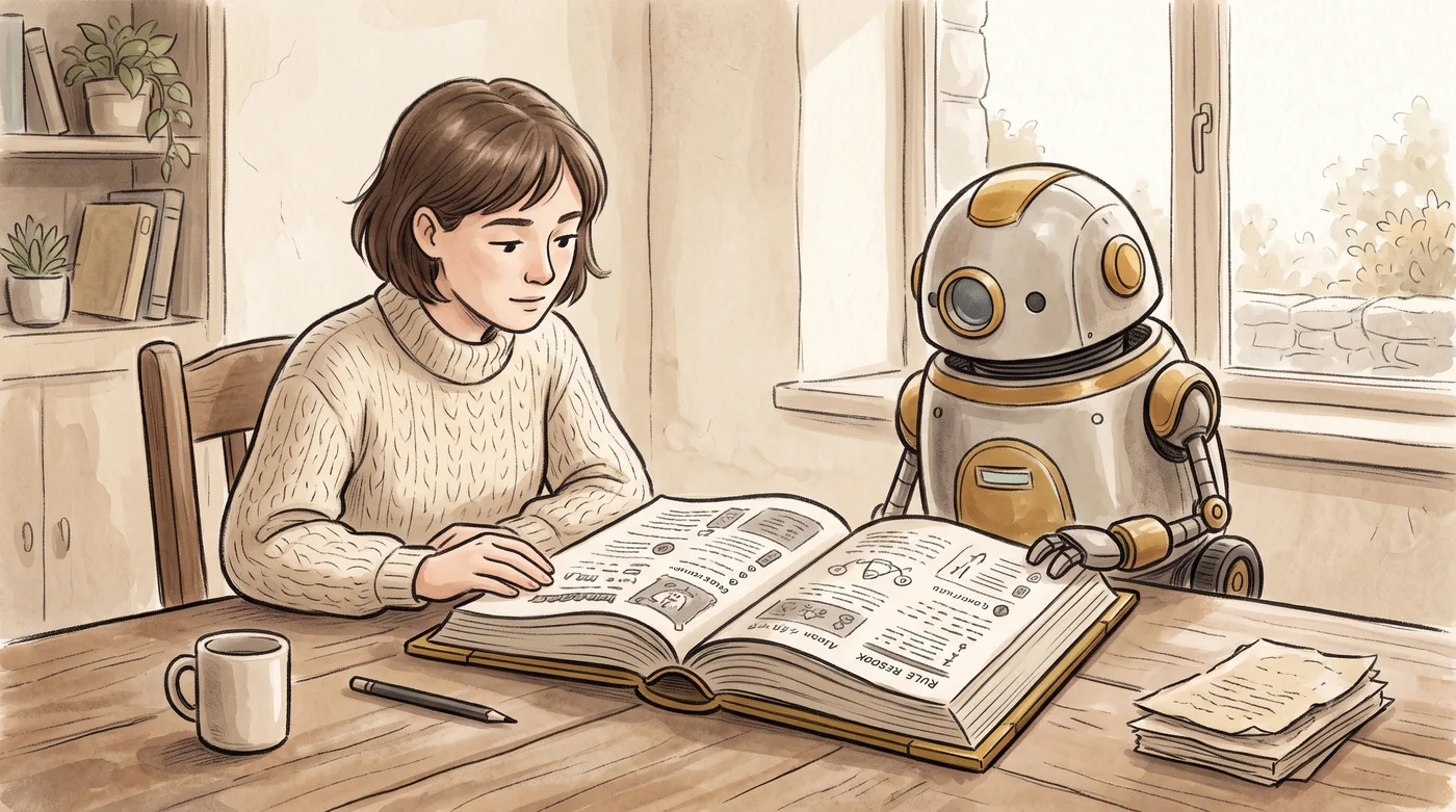 A person and a small robot reading a shared book together